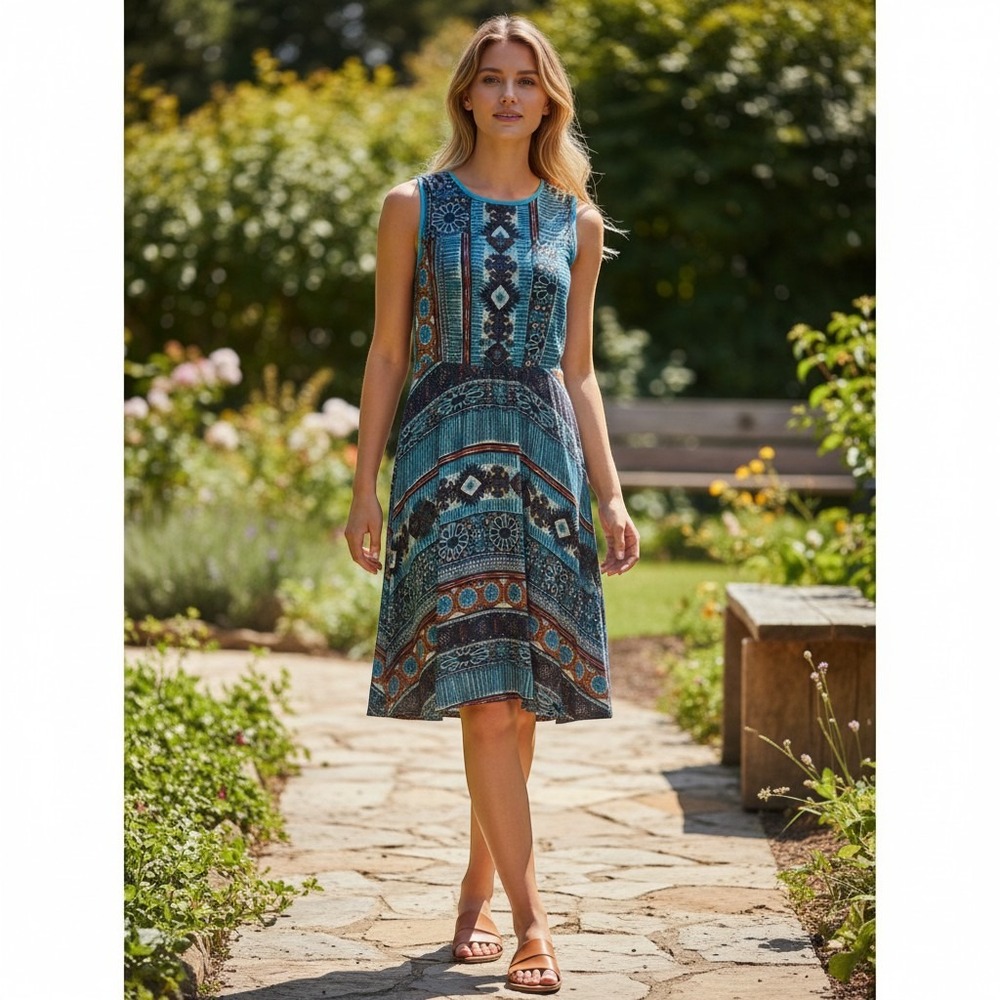 Chris McLaughlin sz 12 Aztec Southwestern Sleeveless Dress‎ Blue Rayon